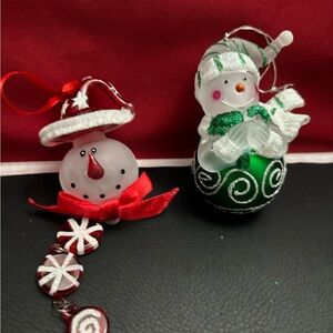 2 Vintage Frosted Glass Snowman Ornaments Peppermint And Glitter